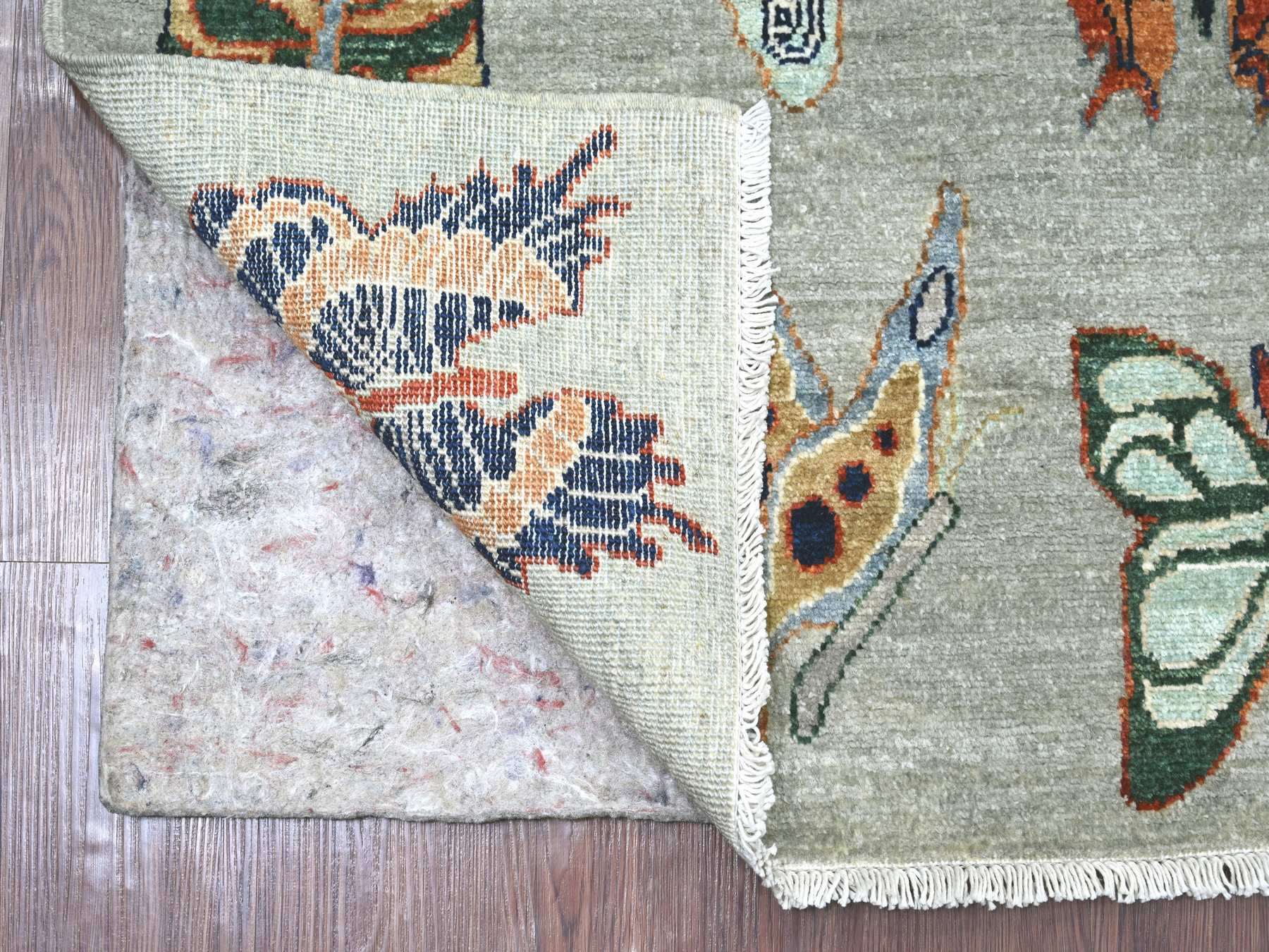 5'10"x8'8" Light Gray, Afghan Peshawar with Colorful Butterfly Design, Hand Knotted, Soft and Velvety Wool, Oriental Rug HR22244 - Image 2