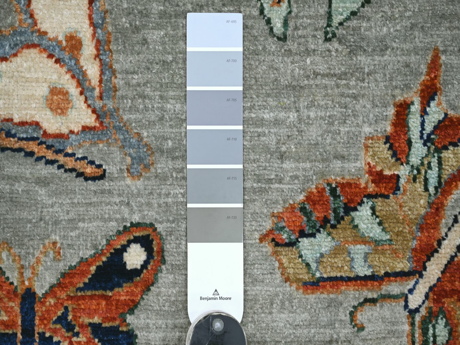 5'10"x8'8" Light Gray, Afghan Peshawar with Colorful Butterfly Design, Hand Knotted, Soft and Velvety Wool, Oriental Rug HR22244 - Image 3