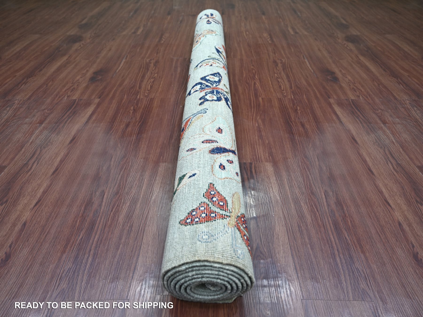 5'10"x8'8" Light Gray, Afghan Peshawar with Colorful Butterfly Design, Hand Knotted, Soft and Velvety Wool, Oriental Rug HR22244 - Image 4
