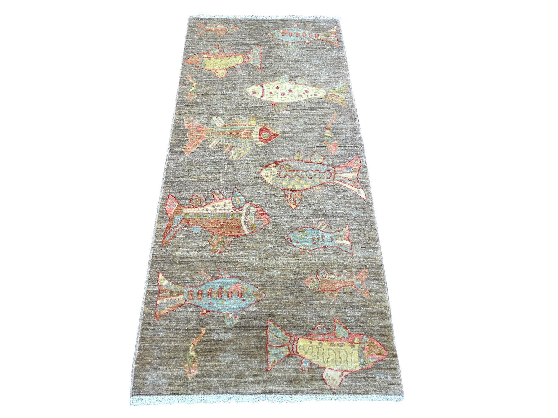 2'7"x5'10" Brown, Soft and Velvety Wool, Afghan Peshawar with Colorful Oceanic Fish Design, Hand Knotted, Runner, Oriental Rug HR22245