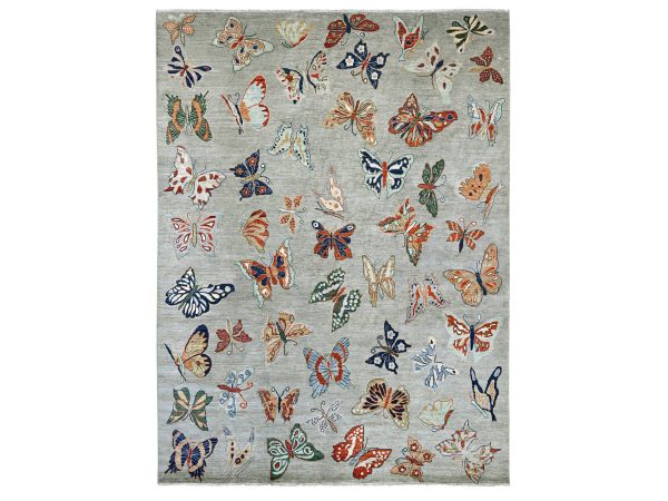 9'x11'9" Light Gray, Afghan Peshawar with Colorful Butterfly Design, Soft and Velvety Wool, Hand Knotted, Oriental Rug HR22246