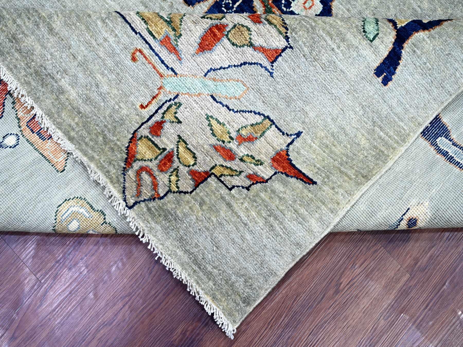 9'x11'9" Light Gray, Afghan Peshawar with Colorful Butterfly Design, Soft and Velvety Wool, Hand Knotted, Oriental Rug HR22246 - Image 6