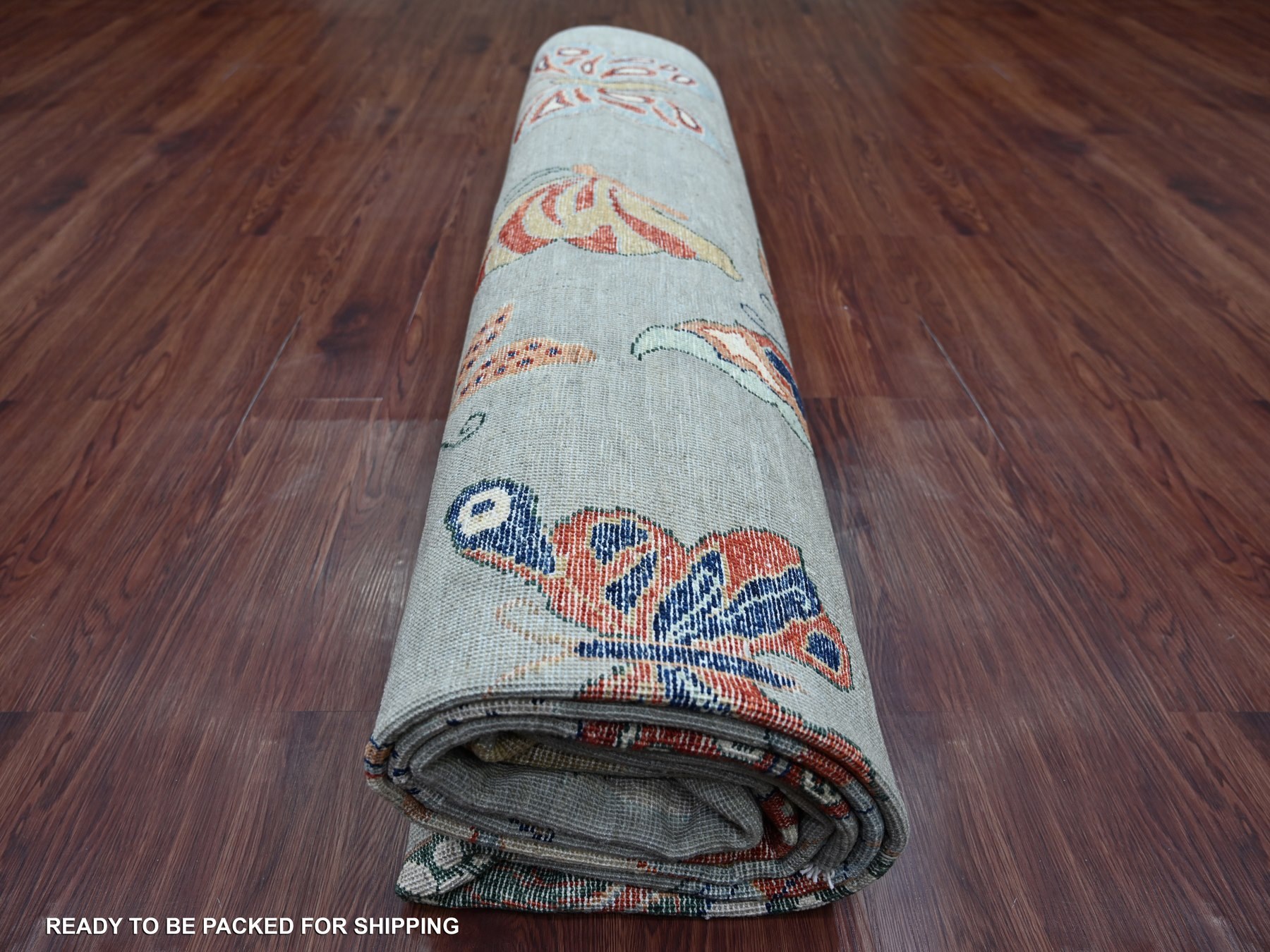 9'x11'9" Light Gray, Afghan Peshawar with Colorful Butterfly Design, Soft and Velvety Wool, Hand Knotted, Oriental Rug HR22246 - Image 9