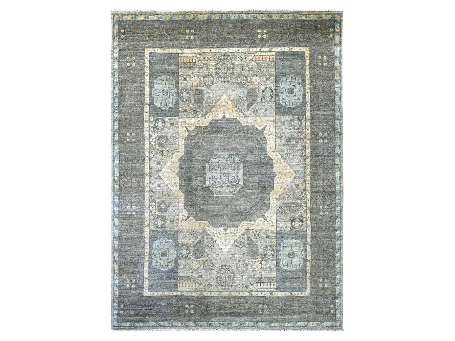 8'10"x12'3" Oyster White, Hand Knotted, 14th Century Mamluk Dynasty Pattern with Star Medallion Design, High Mountain Wool, Vegetable Dyes, Oriental Rug HR22269
