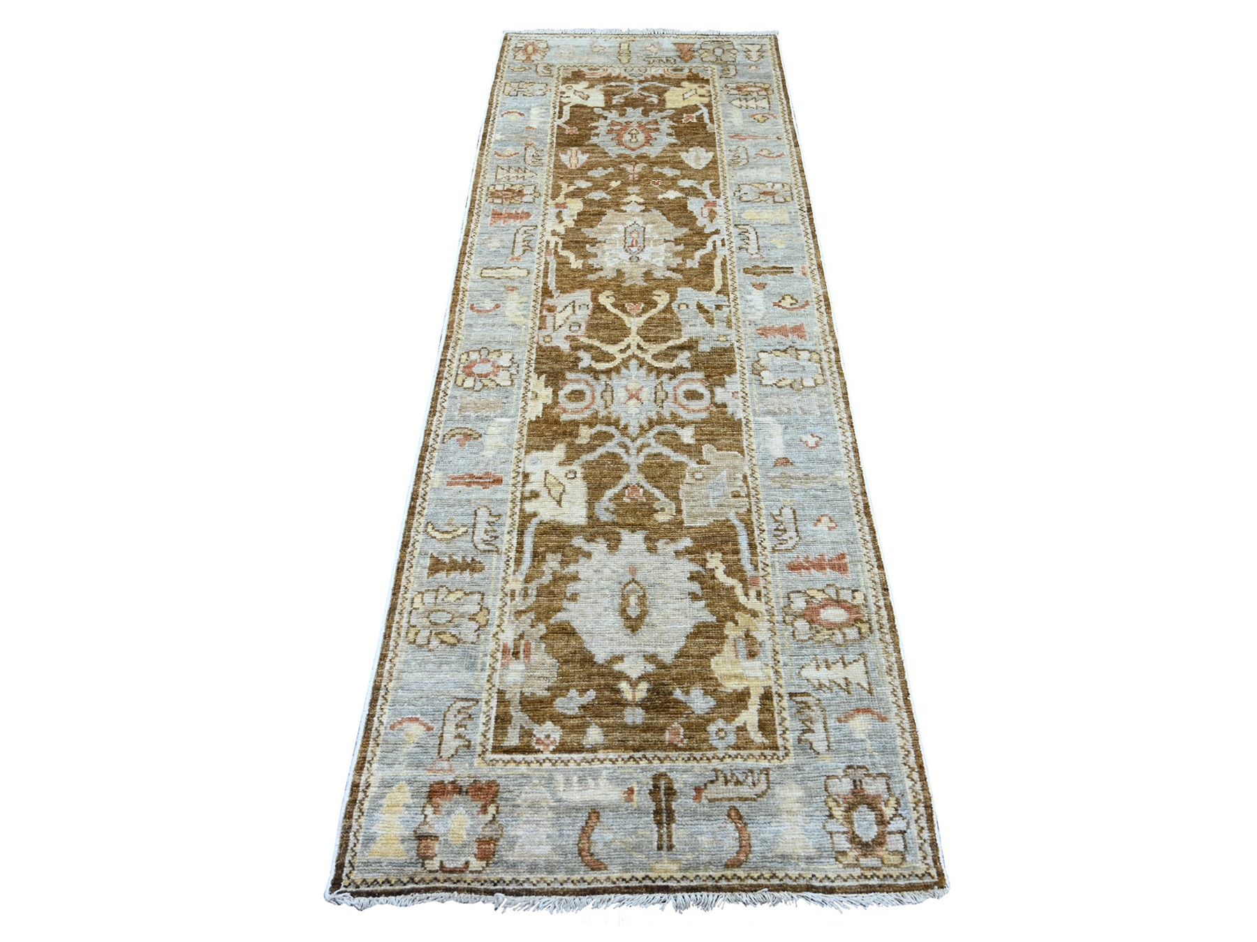 2'9"x8' Mocha Brown, Afghan Angora Oushak with Large Leaf Design, 100% Wool, Hand Knotted, Vegetable Dyes, Runner, Oriental Rug HR22270