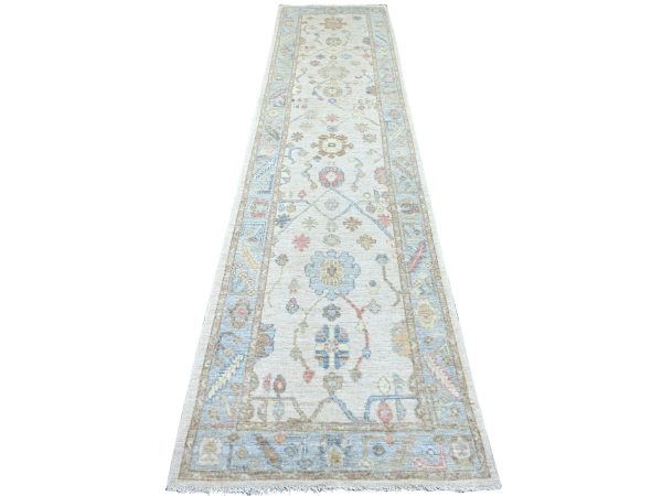 3'x12'8" Oyster White, Afghan Angora Oushak with All Over Leaf Design, 100% Wool, Hand Knotted, Vegetable Dyes, Runner, Oriental Rug HR22272