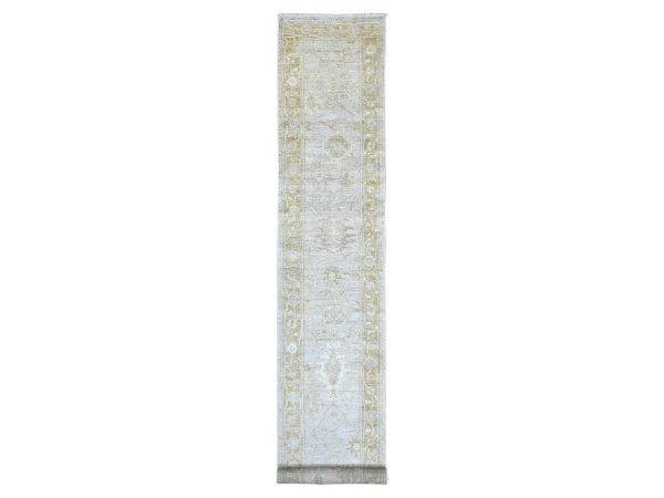 2'8"x17'4" Light Gray, Afghan Angora Oushak with All Over Leaf Design, Hand Knotted, 100% Wool, Vegetable Dyes, XL Runner, Oriental Rug HR22278