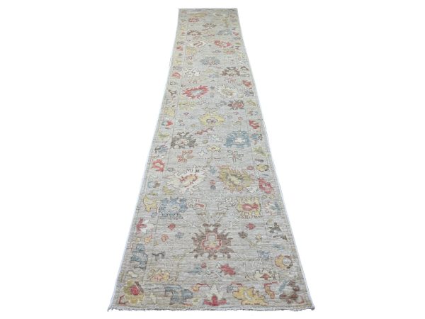 3'x15'3" Light Gray, Afghan Angora Oushak with All Over Leaf Design, Hand Knotted, 100% Wool, Vegetable Dyes, XL Runner, Oriental Rug HR22279