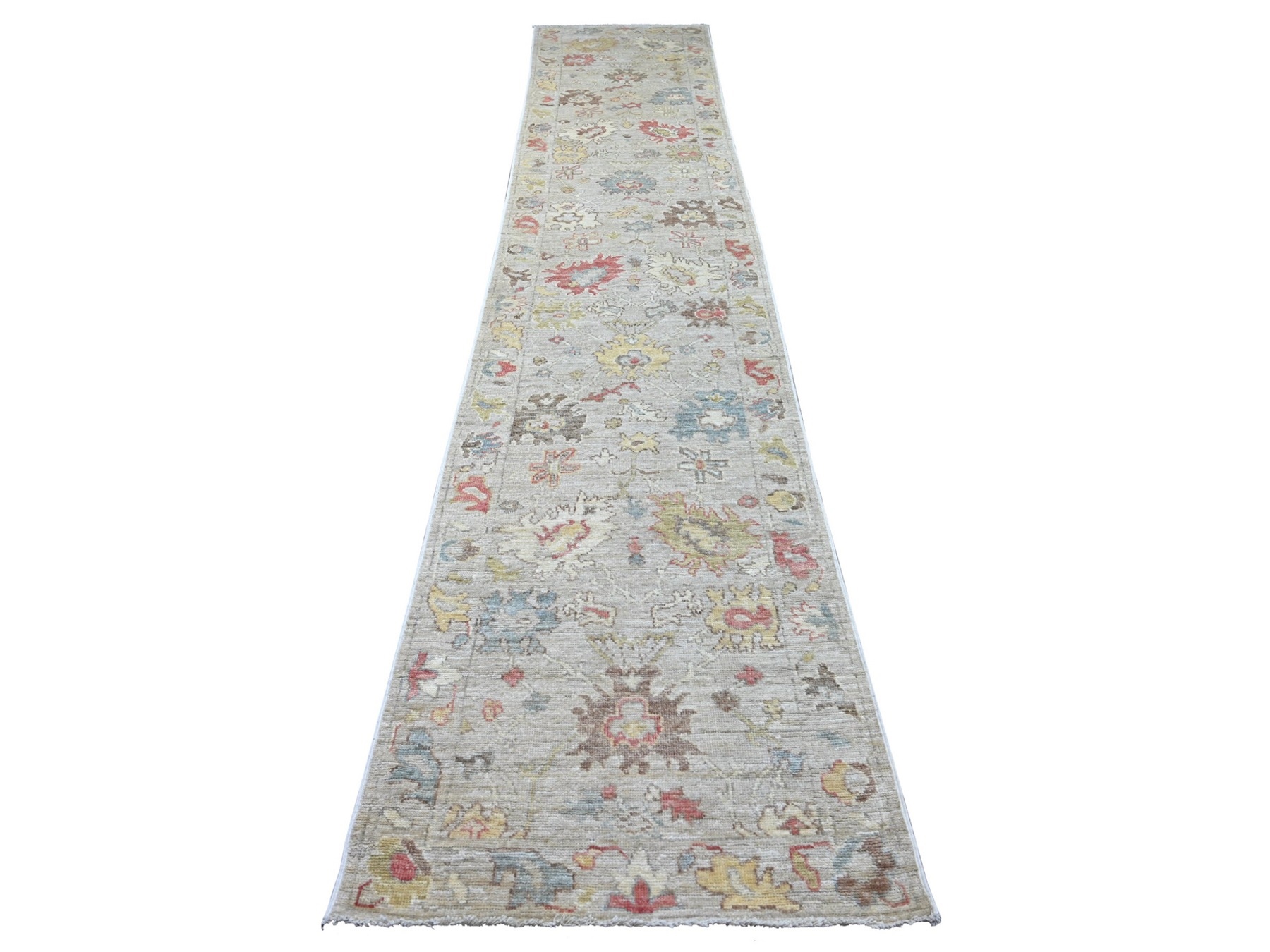 3'x15'3" Light Gray, Afghan Angora Oushak with All Over Leaf Design, Hand Knotted, 100% Wool, Vegetable Dyes, XL Runner, Oriental Rug HR22279