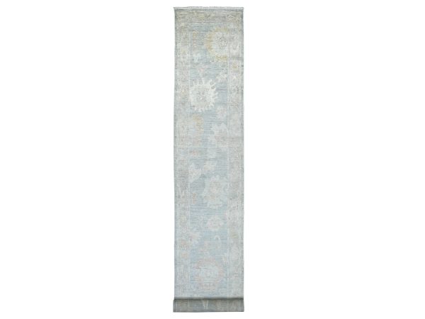 2'8"x20'3" Beau Blue, Hand Knotted, Afghan Angora Oushak with Large Leaf Design, 100% Wool, Vegetable Dyes, XL Runner, Oriental Rug HR22285