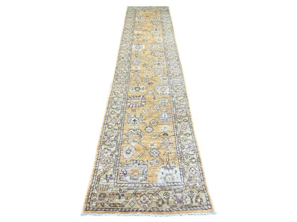 2'8"x13'5" Golden Brown, Hand Knotted, Afghan Angora Oushak with All Over Leaf Design, 100% Wool, Vegetable Dyes, Runner, Oriental Rug HR22309