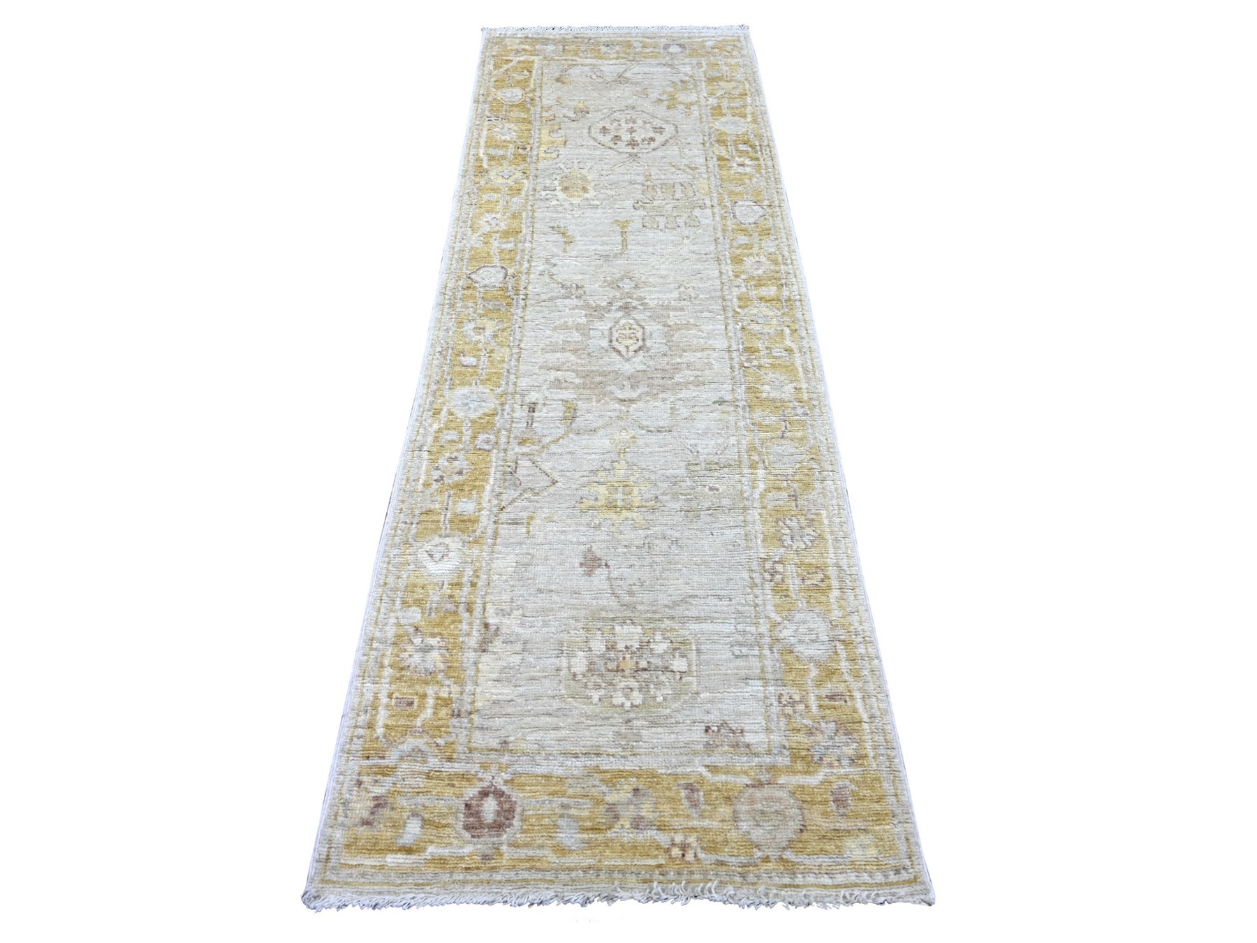 2'8"x7'10" Light Gray, Afghan Angora Oushak with Large Leaf Design, Hand Knotted, 100% Wool, Vegetable Dyes, Runner, Oriental Rug HR22310