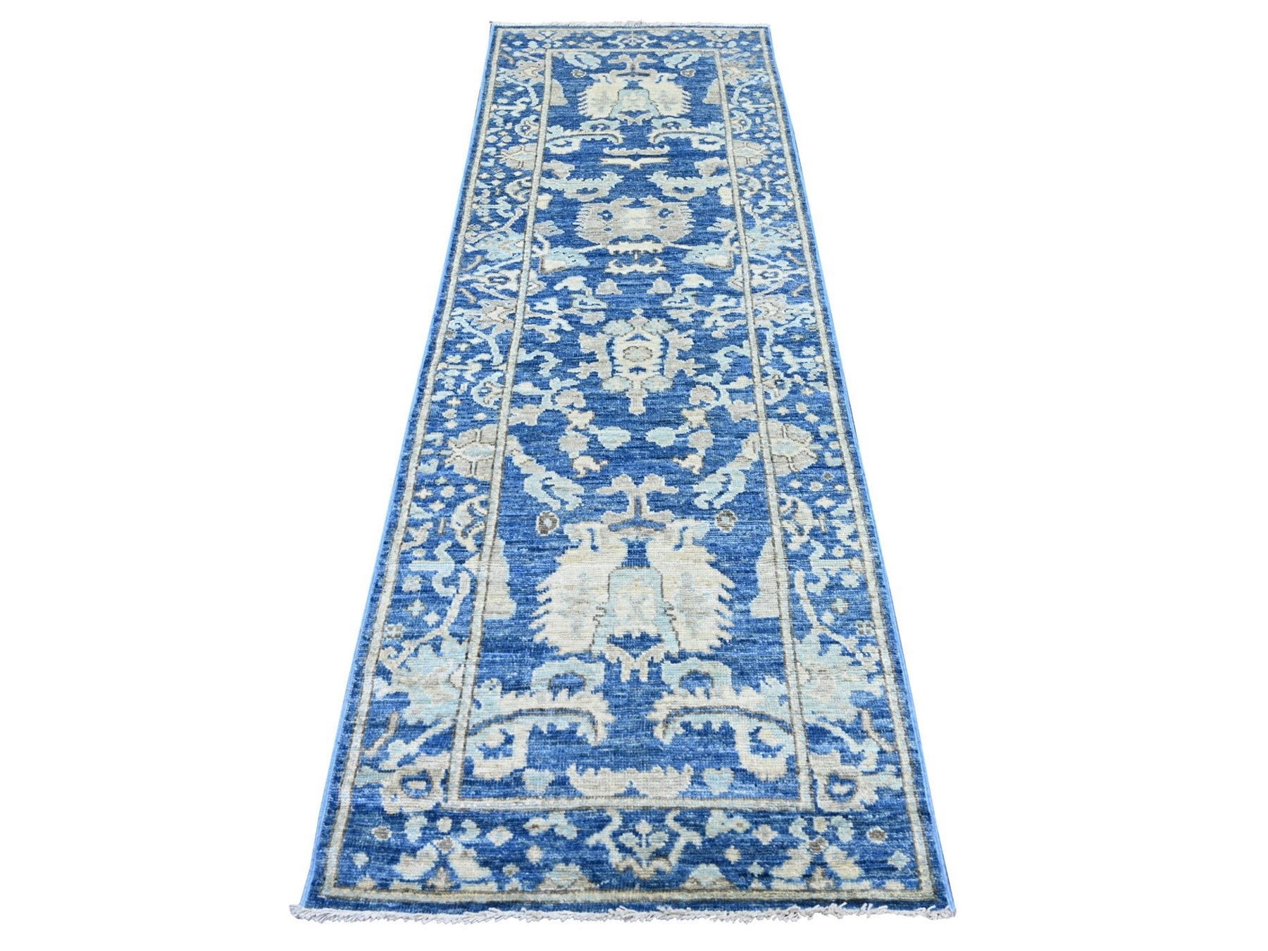 3'x9' Bayern Blue, Afghan Angora Oushak with Large Leaf Design, Hand Knotted, 100% Wool, Vegetable Dyes, Runner, Oriental Rug HR22312