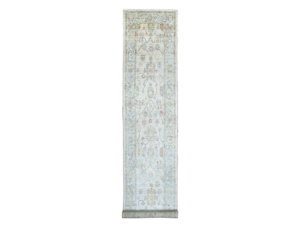 2'9"x15'7" Oyster White, Afghan Angora Oushak with All Over Leaf Design, Hand Knotted, 100% Wool, Vegetable Dyes, XL Runner, Oriental Rug HR22313
