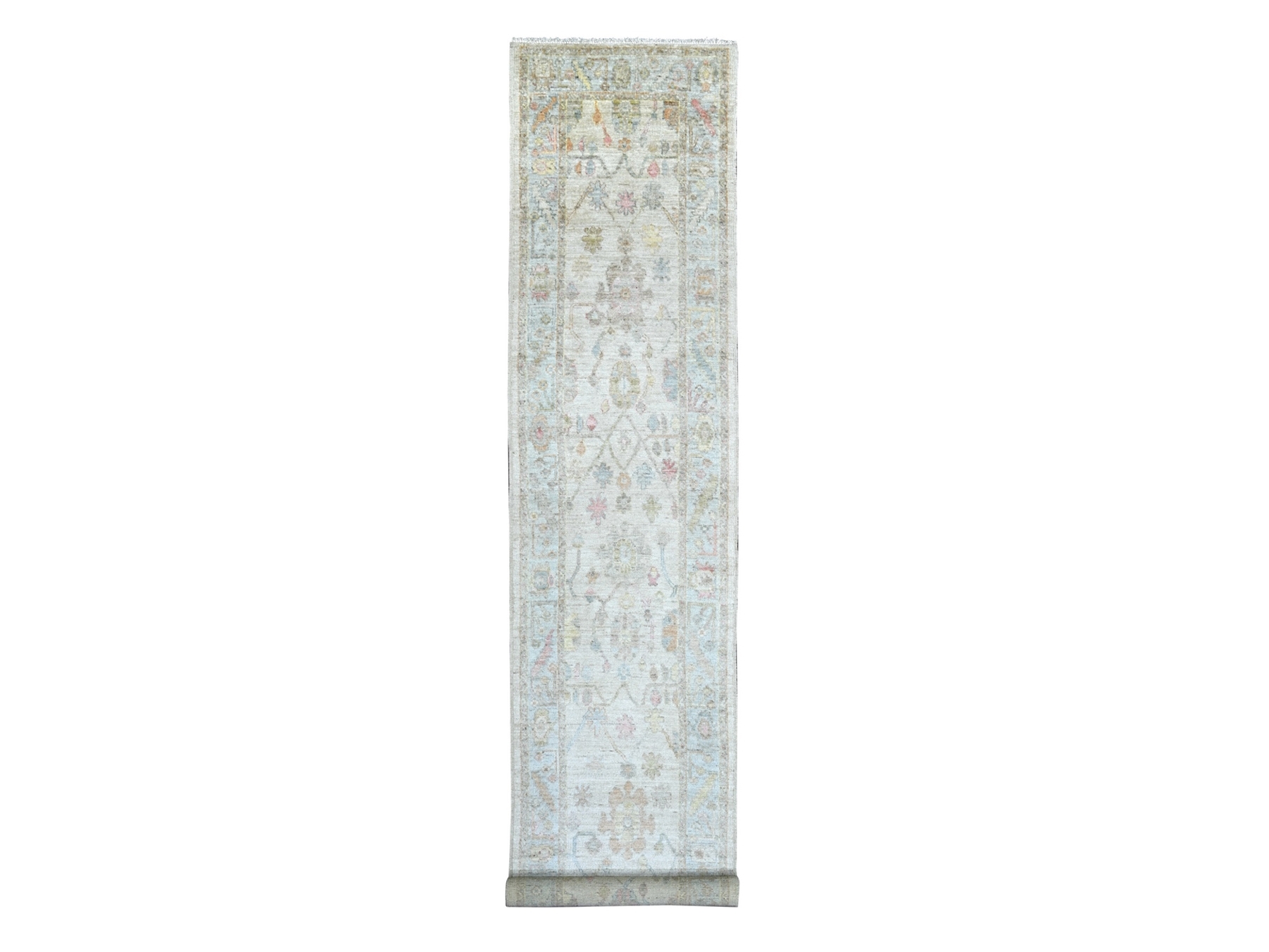 2'9"x15'7" Oyster White, Afghan Angora Oushak with All Over Leaf Design, Hand Knotted, 100% Wool, Vegetable Dyes, XL Runner, Oriental Rug HR22313