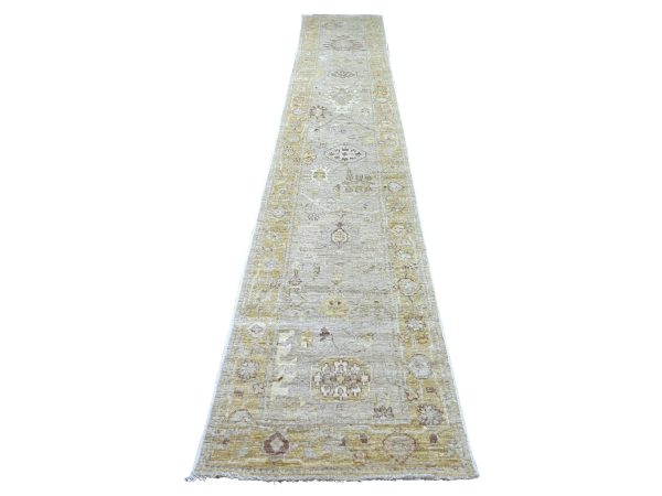 2'7"x15'2" Stone Gray, Afghan Angora Oushak with All Over Leaf Design, Hand Knotted, 100% Wool, Vegetable Dyes, XL Runner, Oriental Rug HR22314