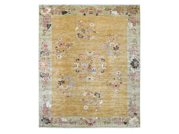 8'4"x9'10" Golden Brown, Hand Knotted, Chinese Art Deco Inspired Peshawar, Soft and Velvety Wool, Vegetable Dyes, Oriental Rug HR22332