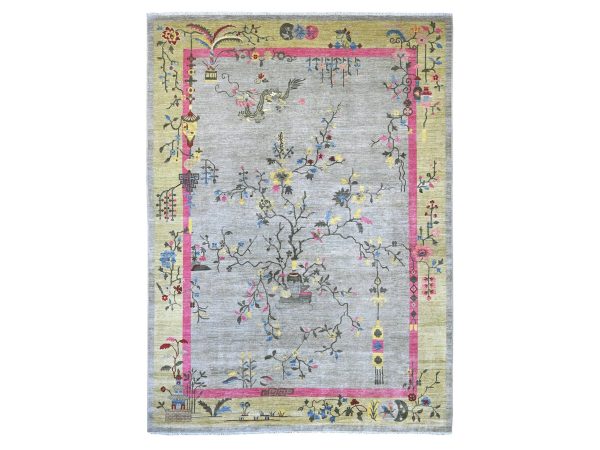 8'10"x12' Misty Gray, Chinese Art Deco Inspired Peshawar, Natural Dyes, Hand Knotted, Soft and Velvety Wool, Oriental Rug HR22335