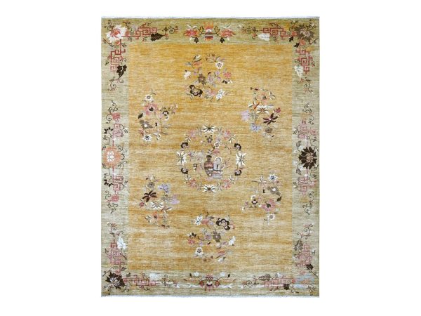 9'1"x11'6" Golden Brown, Chinese Art Deco Inspired Peshawar, Soft and Shiny Wool, Vegetable Dyes, Hand Knotted, Oriental Rug HR22336
