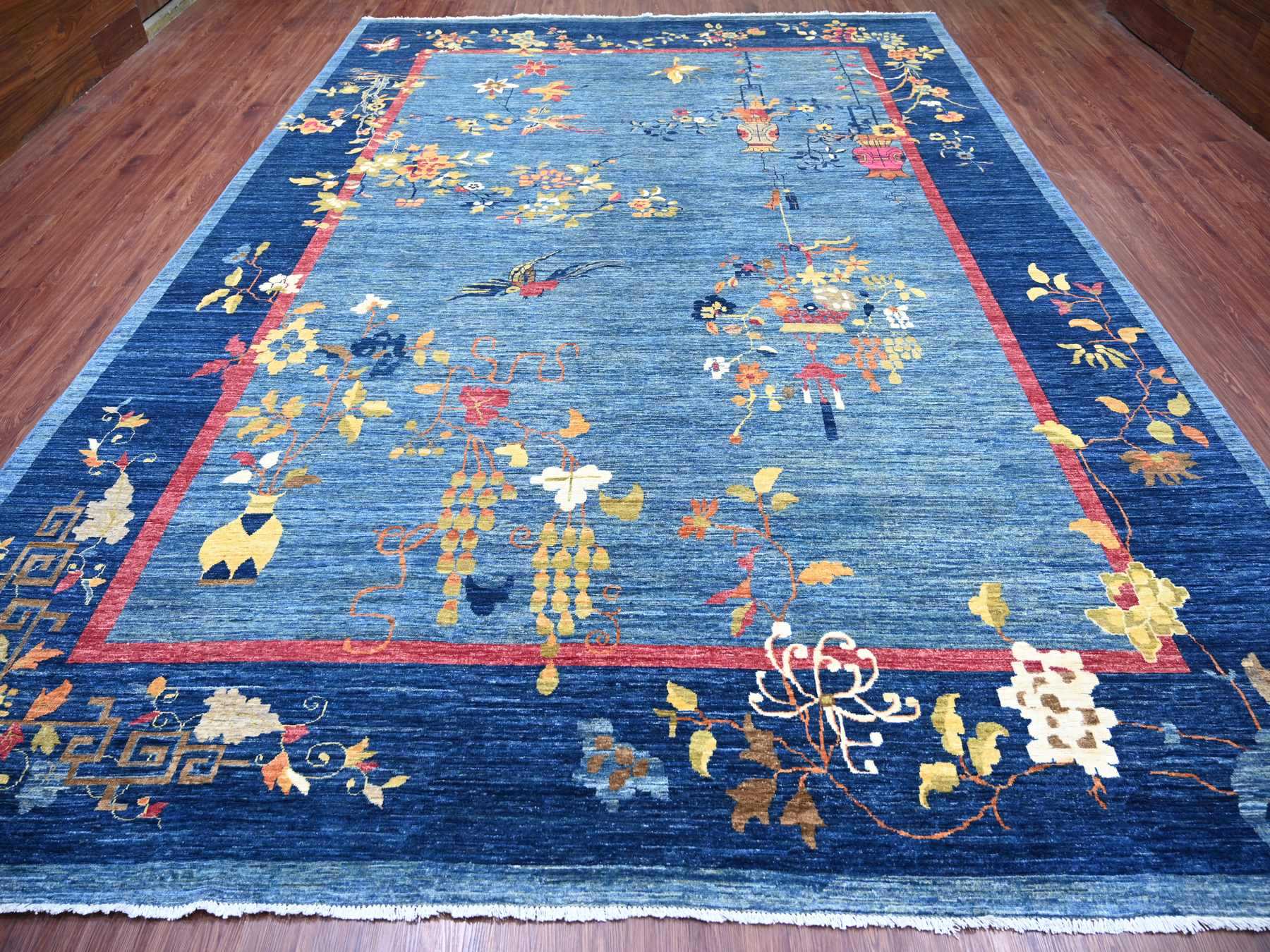 10'x13'8" Imperial Blue, Chinese Art Deco Inspired Peshawar, Hand Knotted, Vegetable Dyes, Soft and Vibrant Wool, Oriental Rug HR22353 - Image 2