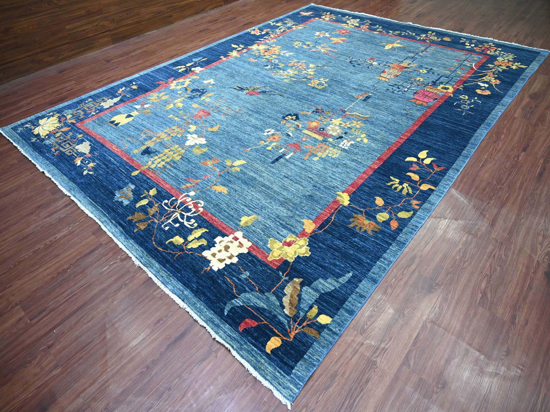 10'x13'8" Imperial Blue, Chinese Art Deco Inspired Peshawar, Hand Knotted, Vegetable Dyes, Soft and Vibrant Wool, Oriental Rug HR22353 - Image 3