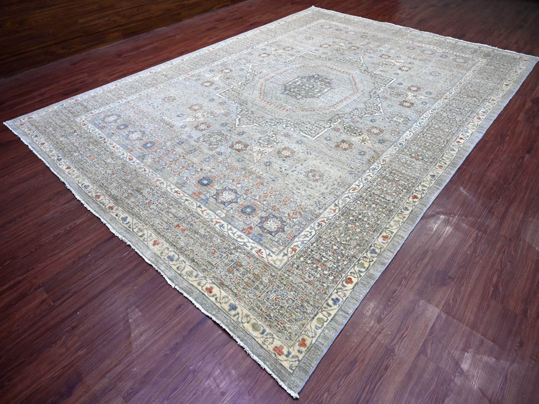 9'9"x14' Misty Gray, 14th Century Mamluk Dynasty Pattern with Star Medallion Design, Hand Knotted, High Mountain Wool, Natural Dyes, Oriental Rug HR22362 - Image 3
