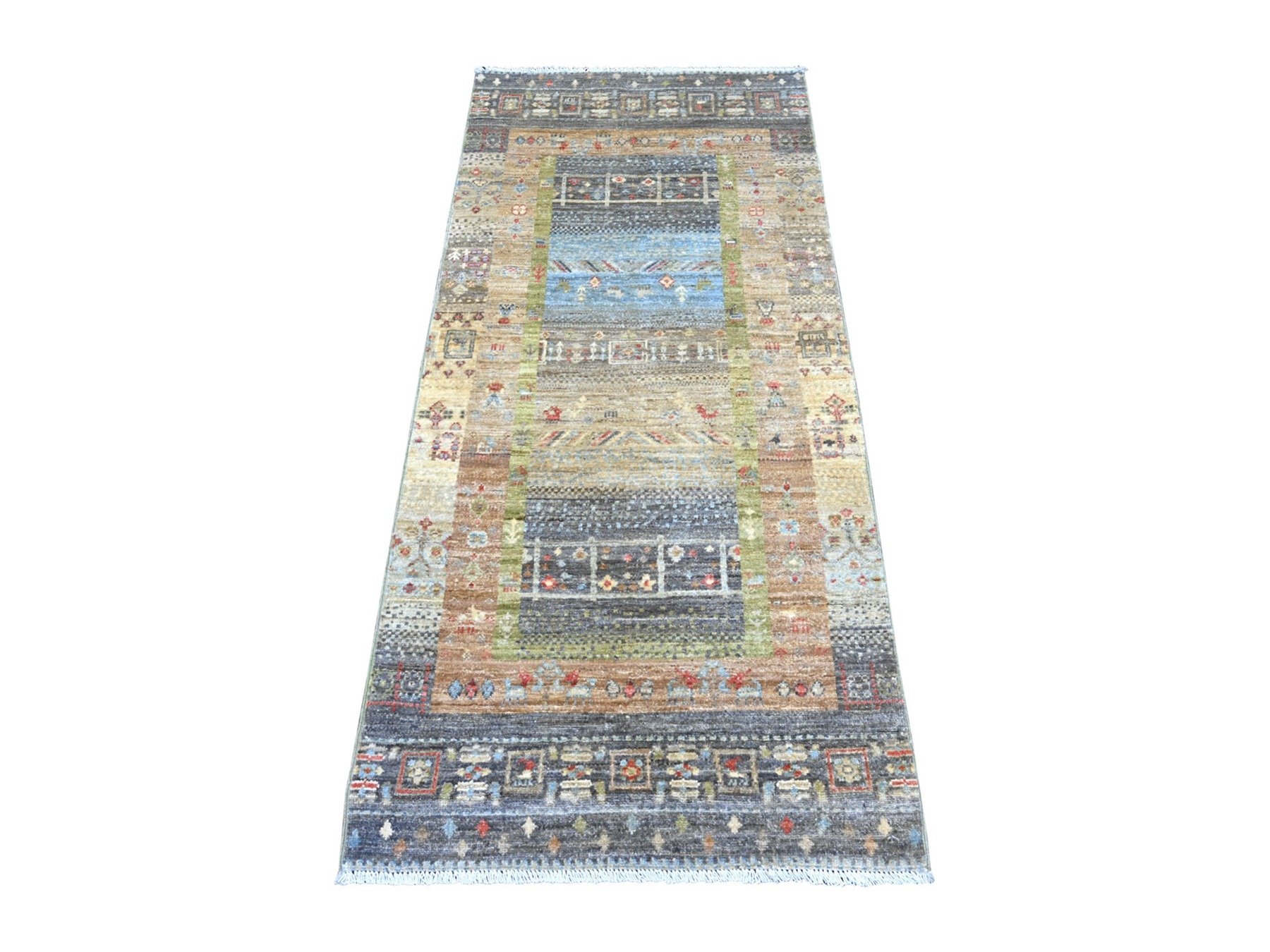 2'7"x5'9" Gray and Brown, Fine Kashkuli Gabbeh with Small Animal Figurines, Hand Knotted, Soft Wool, Vegetable Dyes, Runner, Oriental Rug HR22378