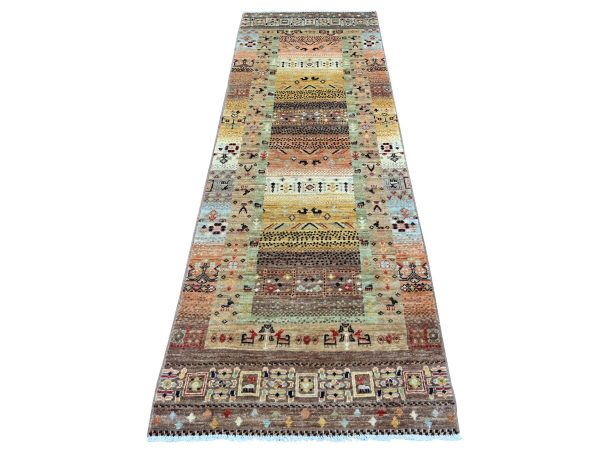 2'7"x7'9" Shades of Brown, Hand Knotted, Fine Kashkuli Gabbeh with Small Animal Figurines, Soft Wool, Vegetable Dyes, Runner, Oriental Rug HR22379