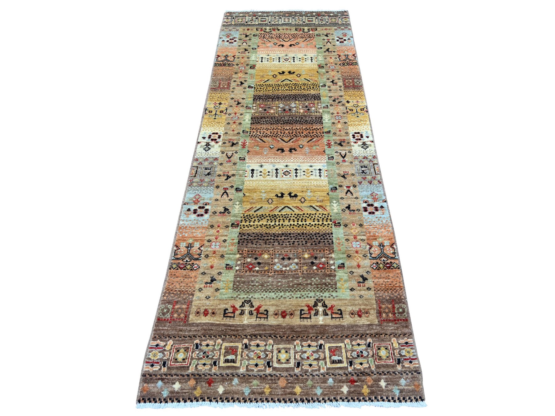 2'7"x7'9" Shades of Brown, Hand Knotted, Fine Kashkuli Gabbeh with Small Animal Figurines, Soft Wool, Vegetable Dyes, Runner, Oriental Rug HR22379