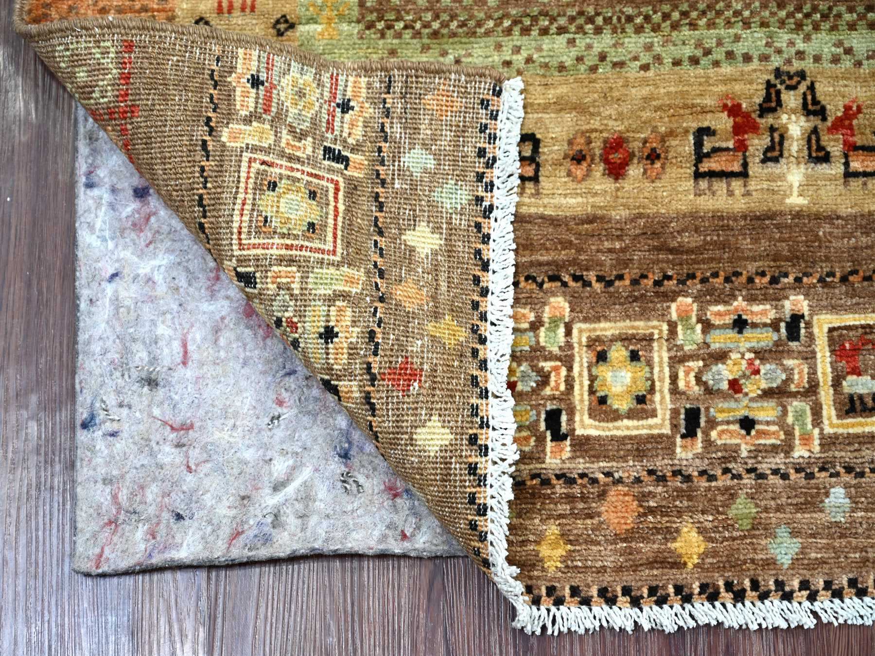 2'7"x7'9" Shades of Brown, Hand Knotted, Fine Kashkuli Gabbeh with Small Animal Figurines, Soft Wool, Vegetable Dyes, Runner, Oriental Rug HR22379 - Image 2