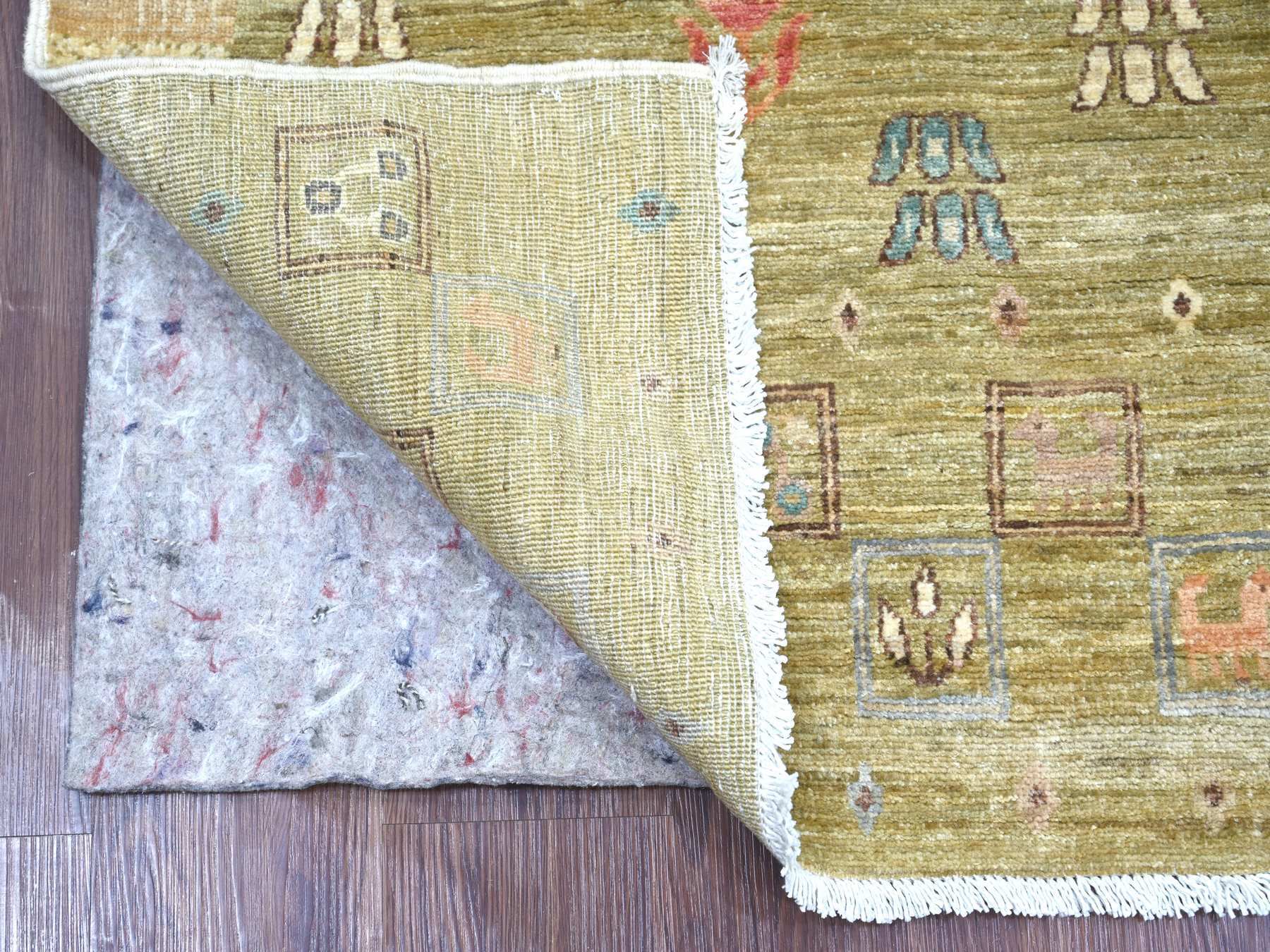 2'8"x8' Swamp Green, Fine Kashkuli Gabbeh with Small Animal Figurines, Hand Knotted, Soft Wool, Vegetable Dyes, Runner, Oriental Rug HR22381 - Image 2