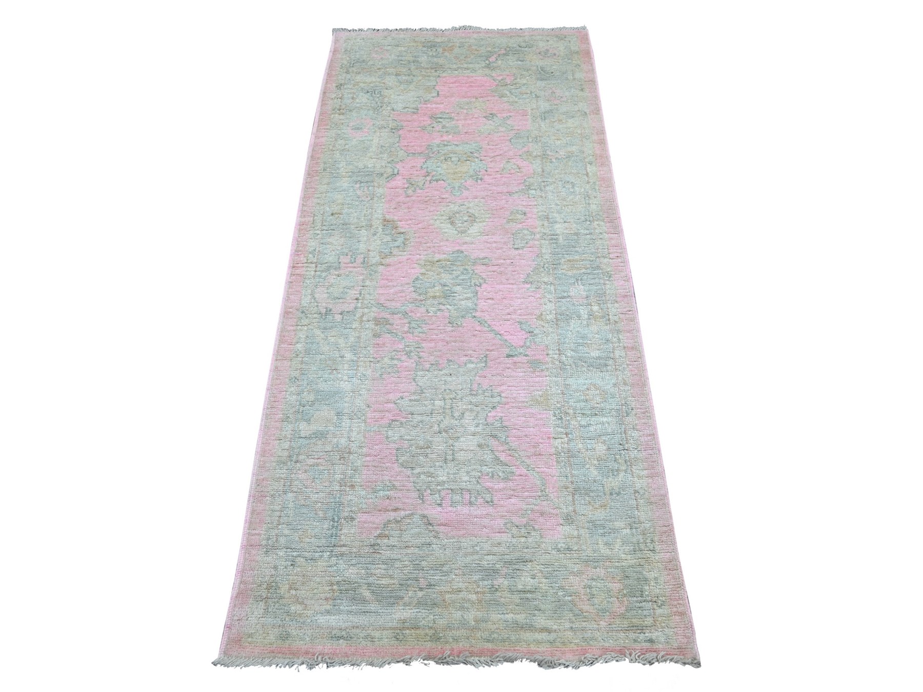 2'8"x6' Bubblegum Pink, Afghan Angora Oushak with Large Leaf Design, Hand Knotted, 100% Wool, Vegetable Dyes, Runner, Oriental Rug HR22386