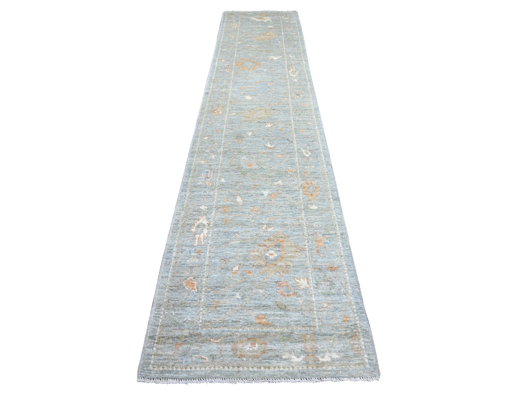 2'10"x13'9" Misty Gray, Afghan Angora Oushak with All Over Leaf Design, Hand Knotted, 100% Wool, Vegetable Dyes, Runner, Oriental Rug HR22389