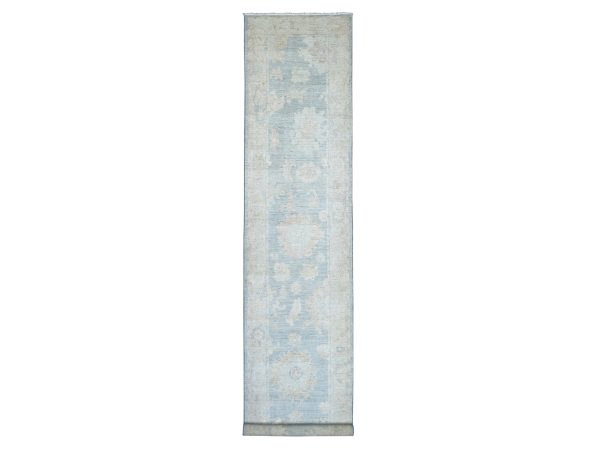 3'2"x15'9" Beau Blue, Hand Knotted, Afghan Angora Oushak with Large Leaf Design, 100% Wool, Vegetable Dyes, XL Runner, Oriental Rug HR22391