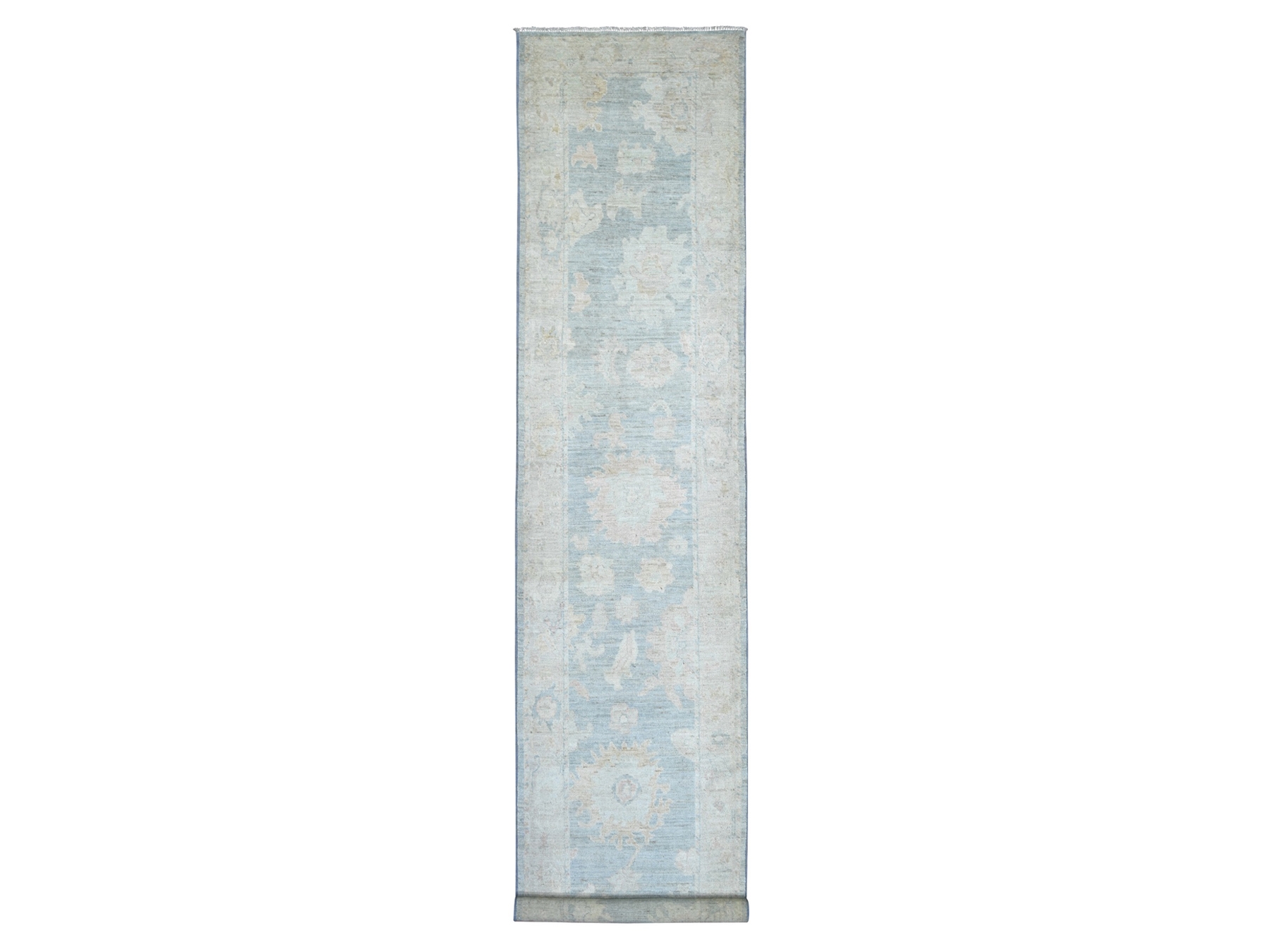 3'2"x15'9" Beau Blue, Hand Knotted, Afghan Angora Oushak with Large Leaf Design, 100% Wool, Vegetable Dyes, XL Runner, Oriental Rug HR22391