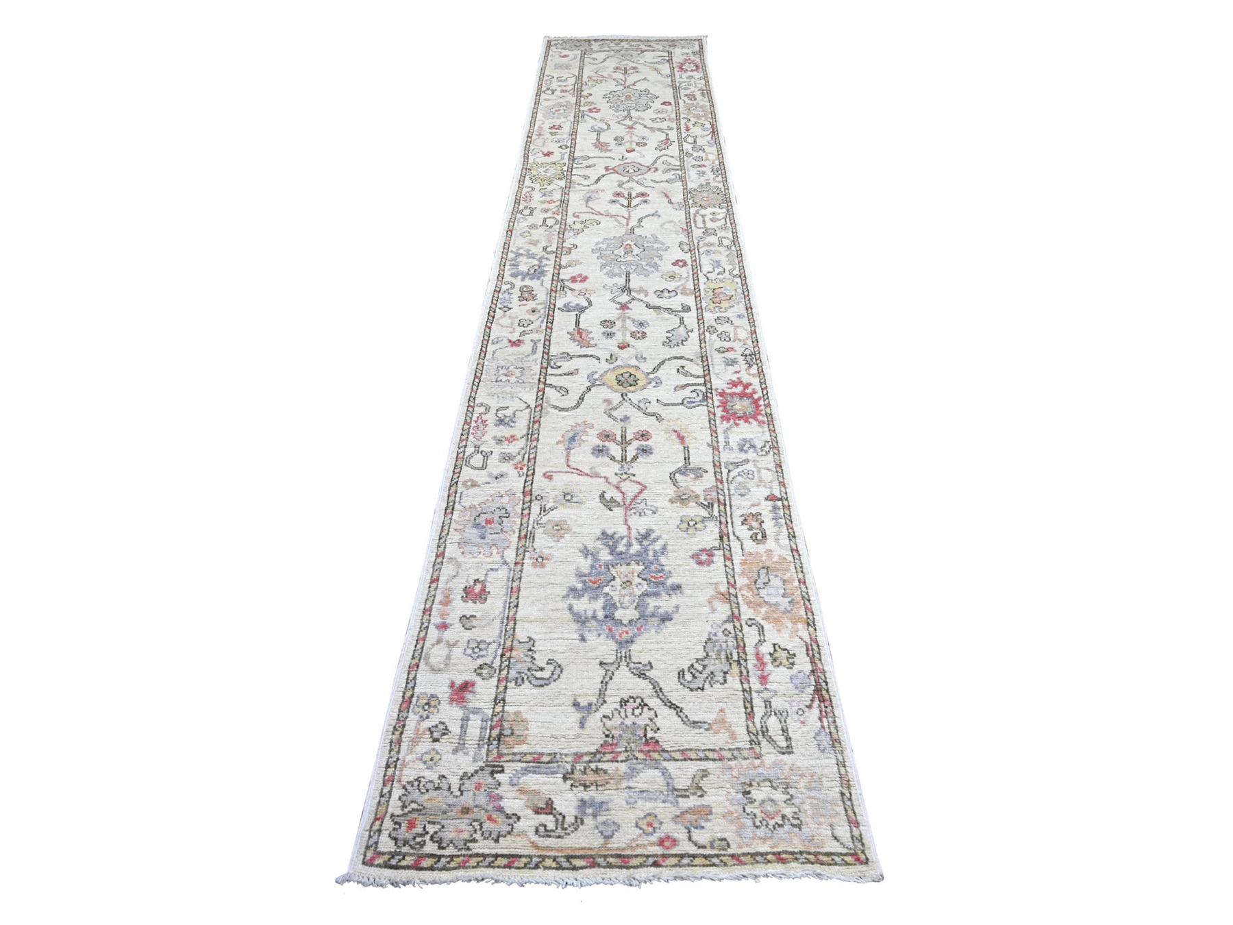 2'8"x13'8" Chiffon White, Afghan Angora Oushak with All Over Leaf Design, Hand Knotted, 100% Wool, Vegetable Dyes, Runner, Oriental Rug HR22393