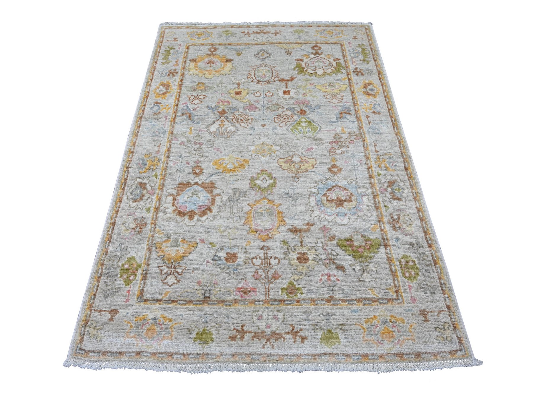 4'x6' Spanish Gray, Afghan Angora Oushak with All Over Leaf Design, Hand Knotted, 100% Wool, Vegetable Dyes, Oriental Rug HR22397