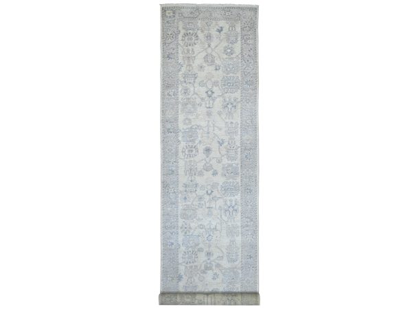 3'9"x19' Pearl White, Afghan Angora Oushak with All Over Leaf Design, Hand Knotted, 100% Wool, Vegetable Dyes, XL Runner, Oriental Rug HR22399