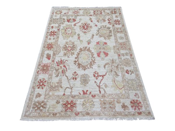 4'x5'9" Daisy White, Afghan Angora Oushak with All Over Leaf Design, Hand Knotted, 100% Wool, Vegetable Dyes, Oriental Rug HR22401