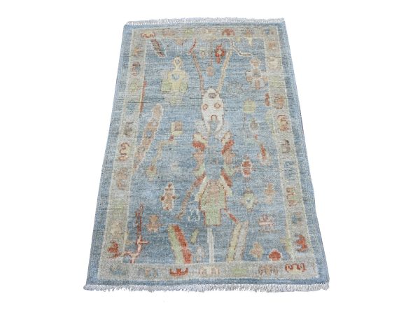 2'1"x3'1" Blueish Gray, Afghan Angora Oushak with Colorful Pattern, Hand Knotted, 100% Wool, Vegetable Dyes, Mat, Sample, Oriental Rug HR22406