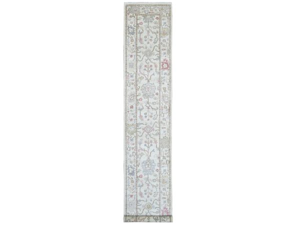 2'8"x15'7" Daisy White, Afghan Angora Oushak with All Over Leaf Design, Hand Knotted, 100% Wool, Vegetable Dyes, XL Runner, Oriental Rug HR22410