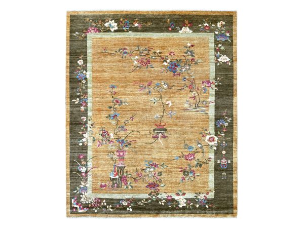 8'1"x9'8" Golden Brown, Chinese Art Deco Inspired Peshawar, Hand Knotted, Vegetable Dyes, Soft and Shiny Wool, Oriental Rug HR22423