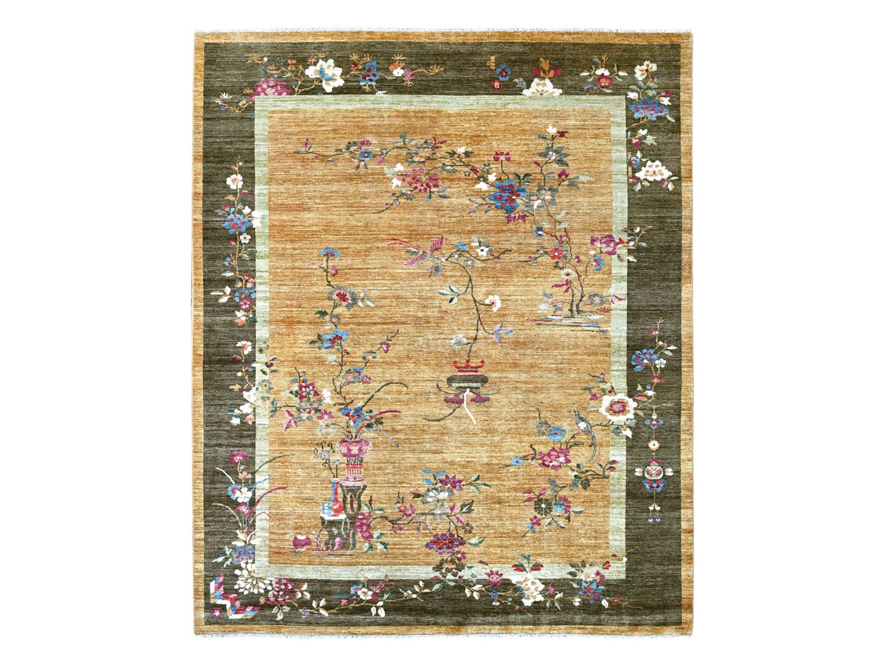 8'1"x9'8" Golden Brown, Chinese Art Deco Inspired Peshawar, Hand Knotted, Vegetable Dyes, Soft and Shiny Wool, Oriental Rug HR22423
