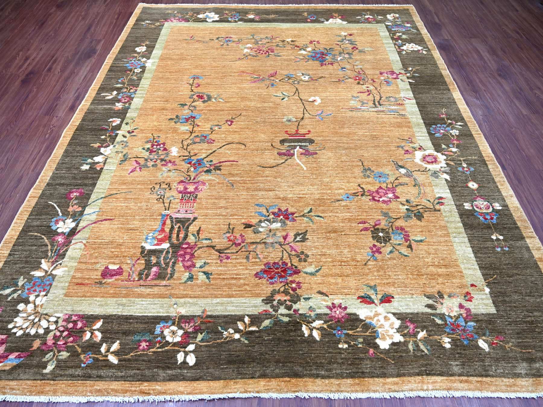 8'1"x9'8" Golden Brown, Chinese Art Deco Inspired Peshawar, Hand Knotted, Vegetable Dyes, Soft and Shiny Wool, Oriental Rug HR22423 - Image 2