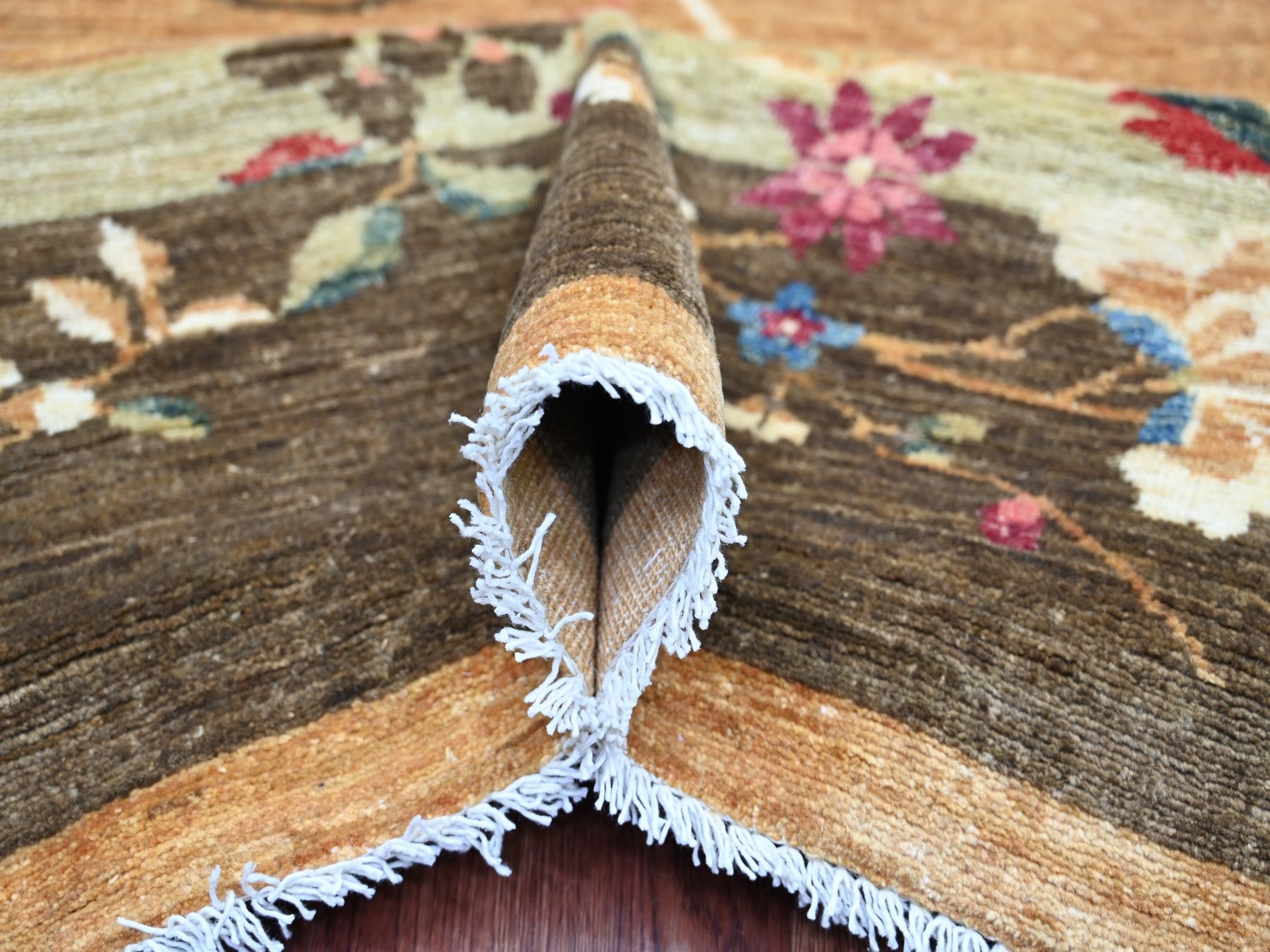 8'1"x9'8" Golden Brown, Chinese Art Deco Inspired Peshawar, Hand Knotted, Vegetable Dyes, Soft and Shiny Wool, Oriental Rug HR22423 - Image 5