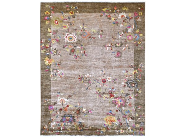 8'x9'10" Light Brown, Chinese Art Deco Inspired Peshawar, Soft and Velvety Wool, Vegetable Dyes, Hand Knotted, Oriental Rug HR22424