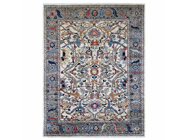 9'2"x11'9" Chiffon White, Peshawar with Bijar Garus Design, Hand Knotted, Vegetable Dyes, Densely Woven, 100% Wool, Oriental Rug HR22430