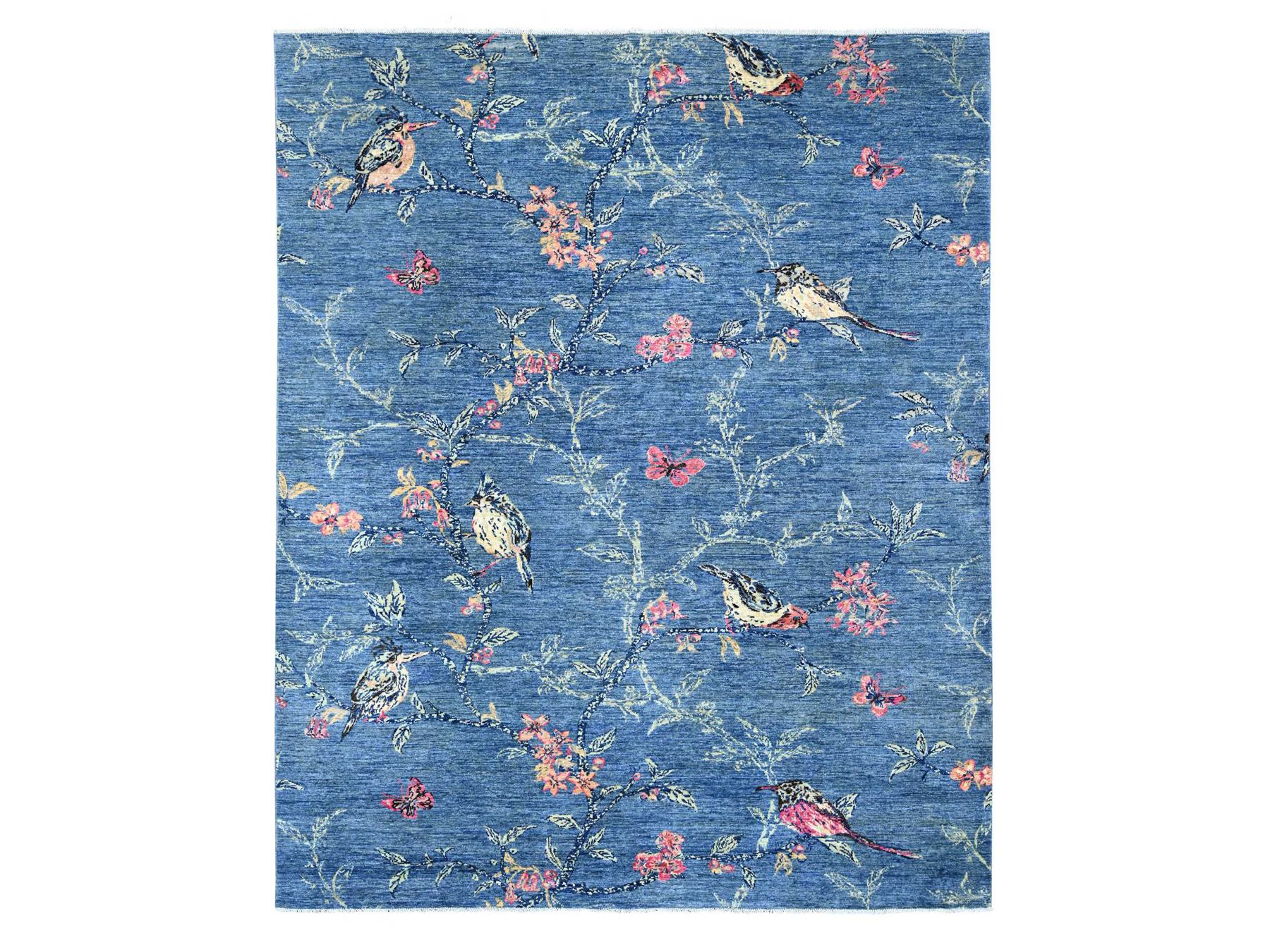 8'1"x9'9" Imperial Blue, Sparrows on the Tree, Peshawar, High Mountain Wool, Soft to the Touch, Finely Hand Knotted, Oriental Rug HR22432