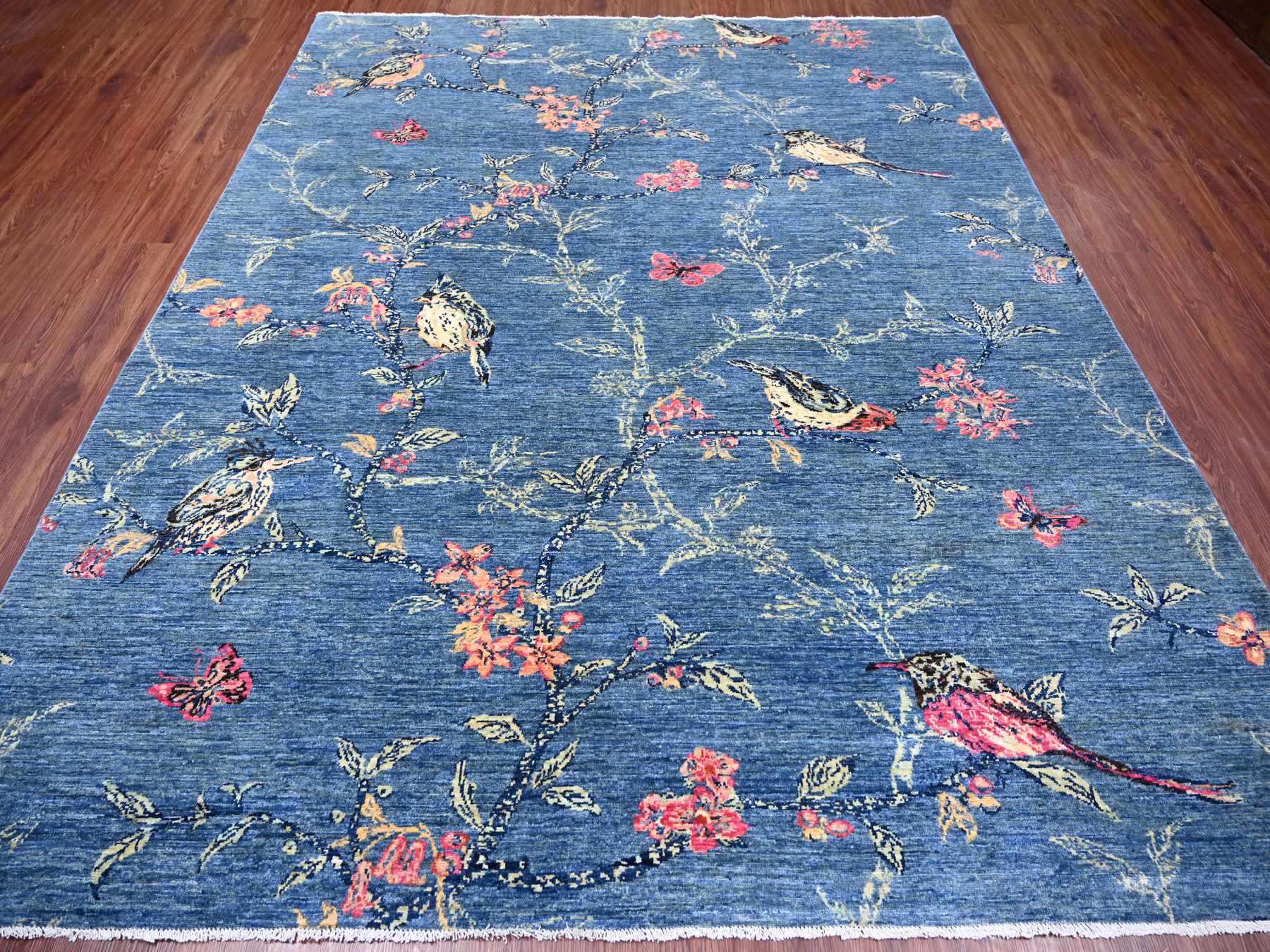 8'1"x9'9" Imperial Blue, Sparrows on the Tree, Peshawar, High Mountain Wool, Soft to the Touch, Finely Hand Knotted, Oriental Rug HR22432 - Image 2