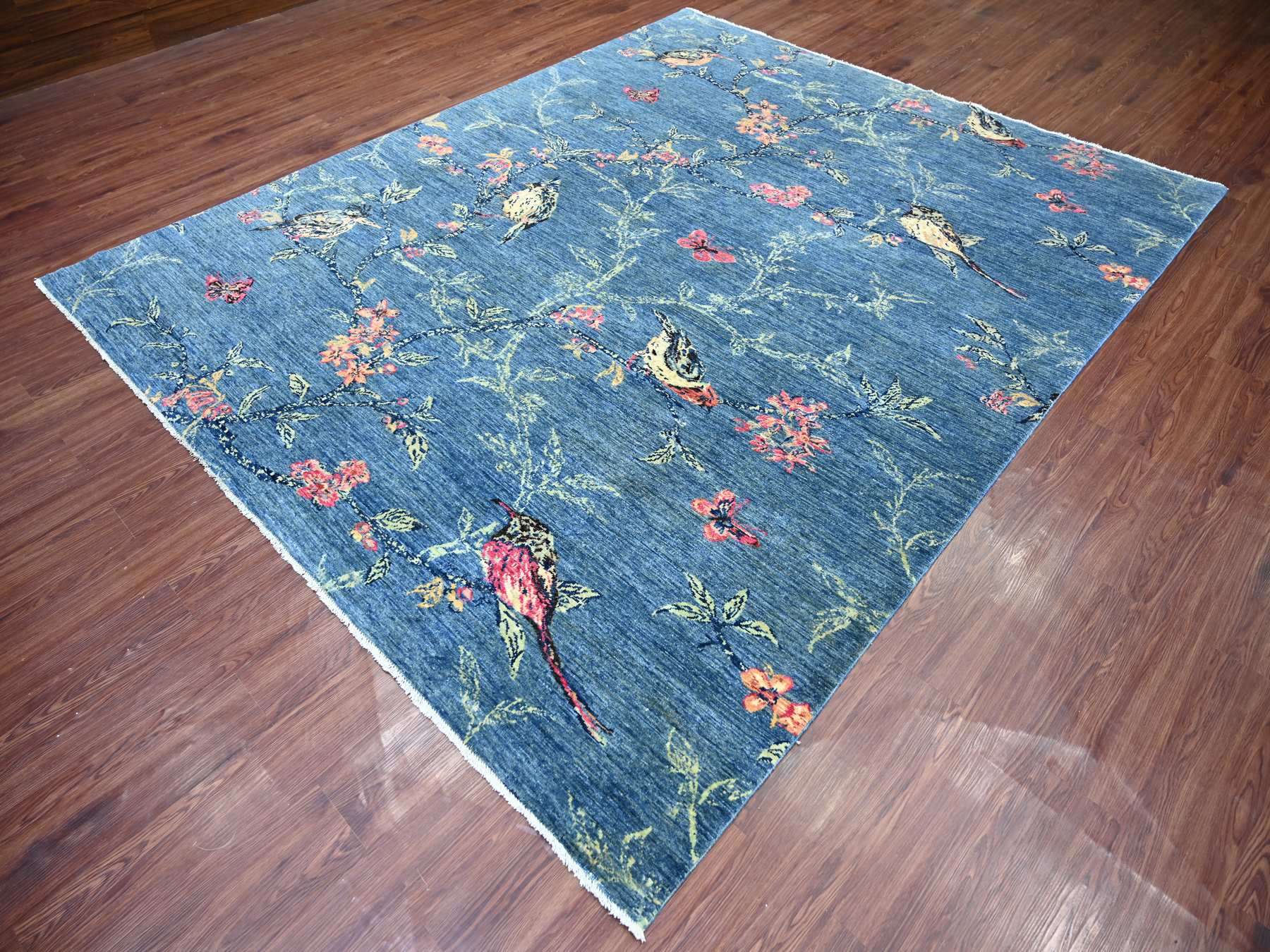 8'1"x9'9" Imperial Blue, Sparrows on the Tree, Peshawar, High Mountain Wool, Soft to the Touch, Finely Hand Knotted, Oriental Rug HR22432 - Image 3